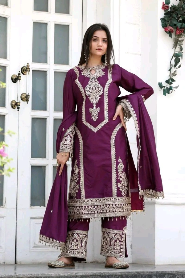 Heavy Chinon Silk kurti Eith Embroidered salwar And Dupatta Set
 - Tawny Port, XL
