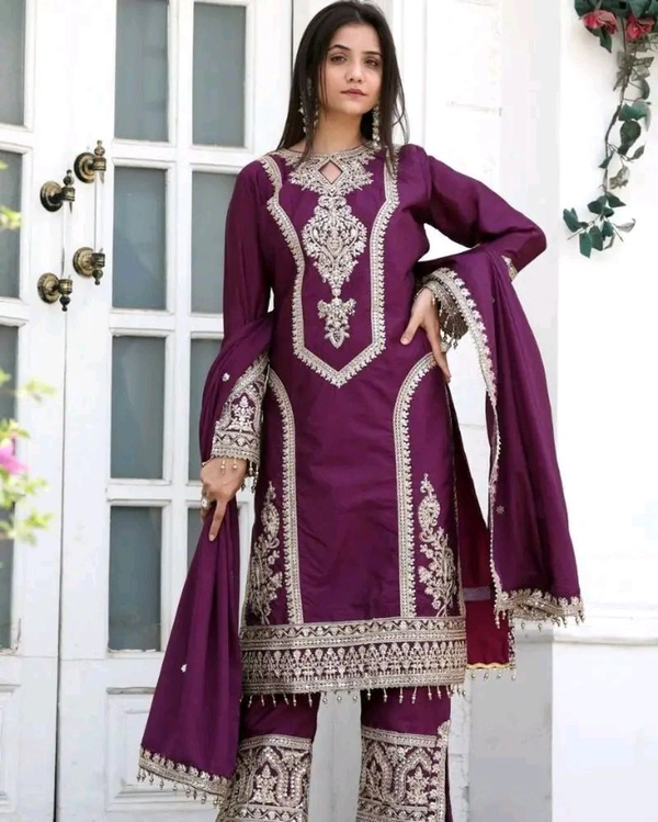 Heavy Chinon Silk kurti Eith Embroidered salwar And Dupatta Set
 - Tawny Port, XXXL