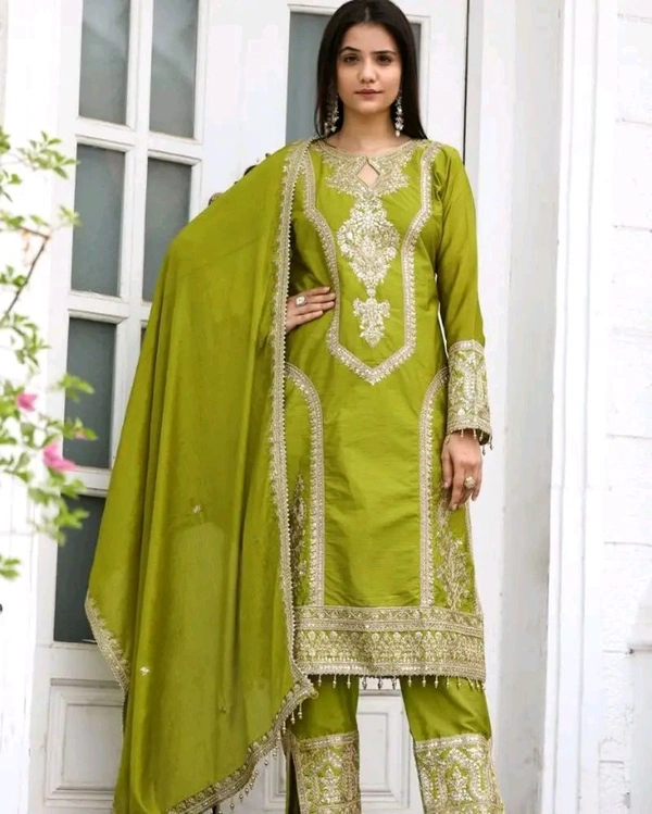 Heavy Chinon Silk kurti Eith Embroidered salwar And Dupatta Set
 - Lemon Ginger, L