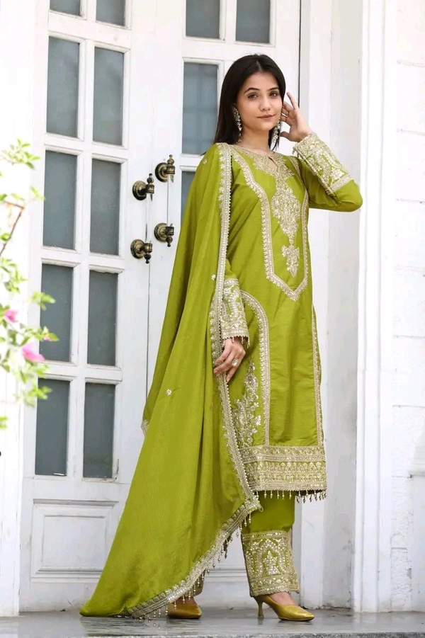 Heavy Chinon Silk kurti Eith Embroidered salwar And Dupatta Set
 - Lemon Ginger, L