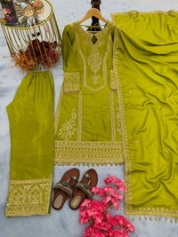 Heavy Chinon Silk kurti Eith Embroidered salwar And Dupatta Set
 - Lemon Ginger, L