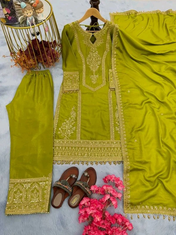 Heavy Chinon Silk kurti Eith Embroidered salwar And Dupatta Set
 - Lemon Ginger, M