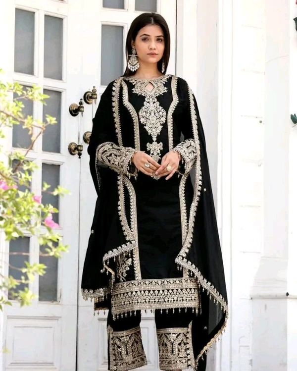 Heavy Chinon Silk kurti Eith Embroidered salwar And Dupatta Set
 - Black, S