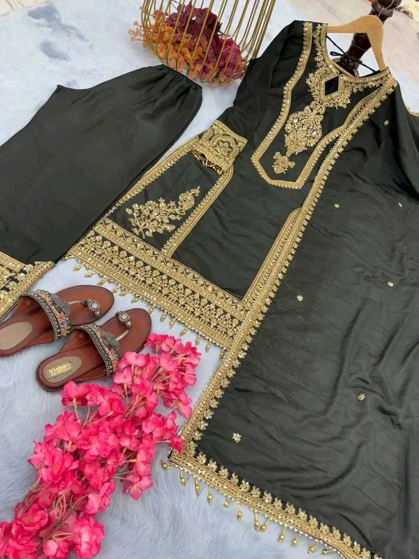 Heavy Chinon Silk kurti Eith Embroidered salwar And Dupatta Set
 - Black, XL