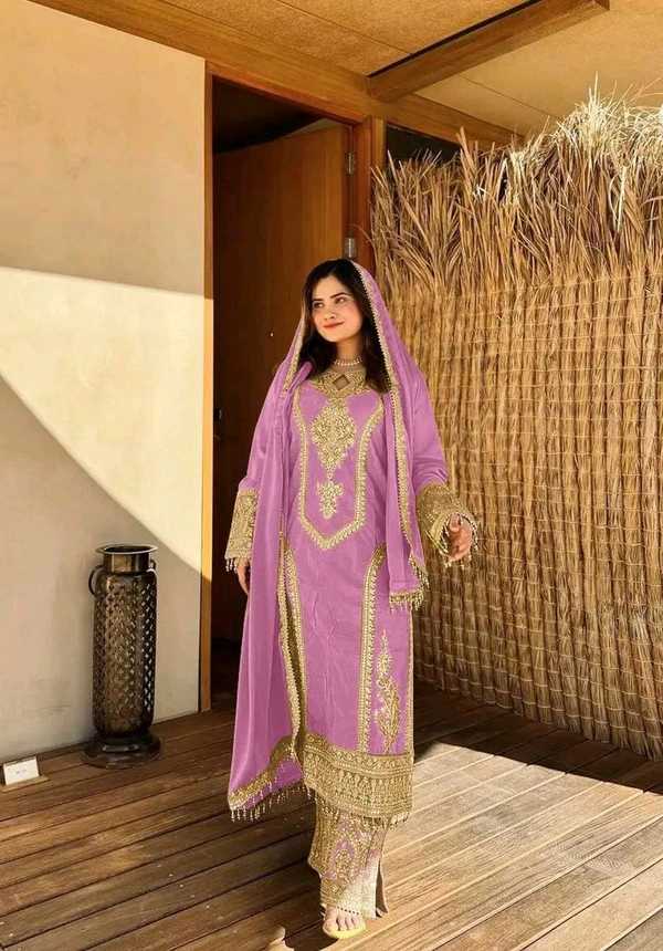 Heavy Chinon Silk kurti Eith Embroidered salwar And Dupatta Set
 - Bouquet, M
