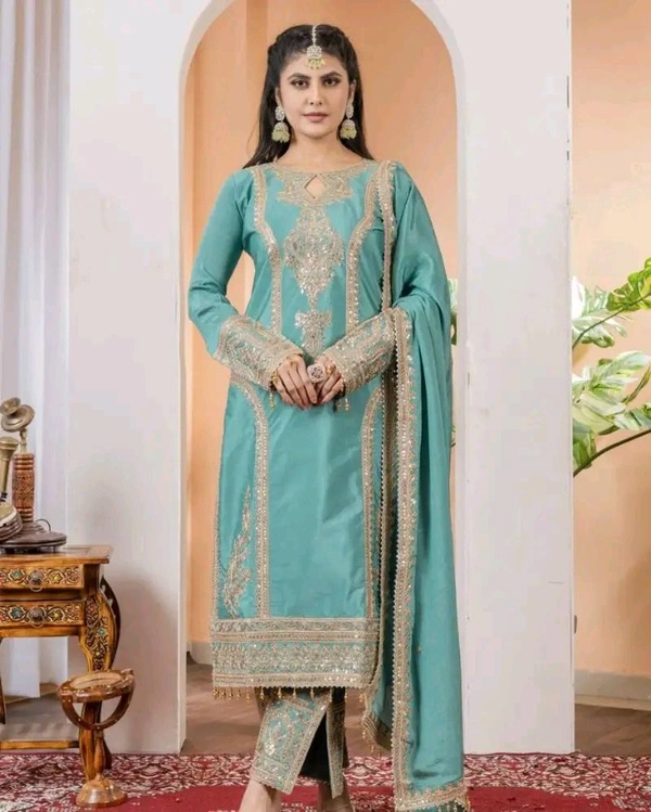 Heavy Chinon Silk kurti Eith Embroidered salwar And Dupatta Set
 - Breaker Bay, XL