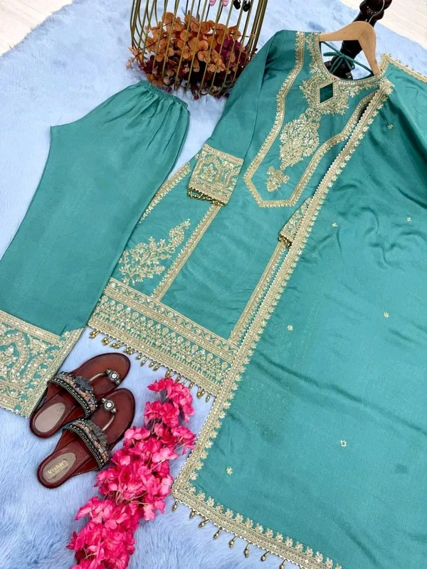 Heavy Chinon Silk kurti Eith Embroidered salwar And Dupatta Set
 - Breaker Bay, XL
