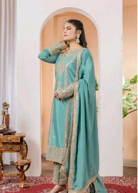 Heavy Chinon Silk kurti Eith Embroidered salwar And Dupatta Set
 - Breaker Bay, XL