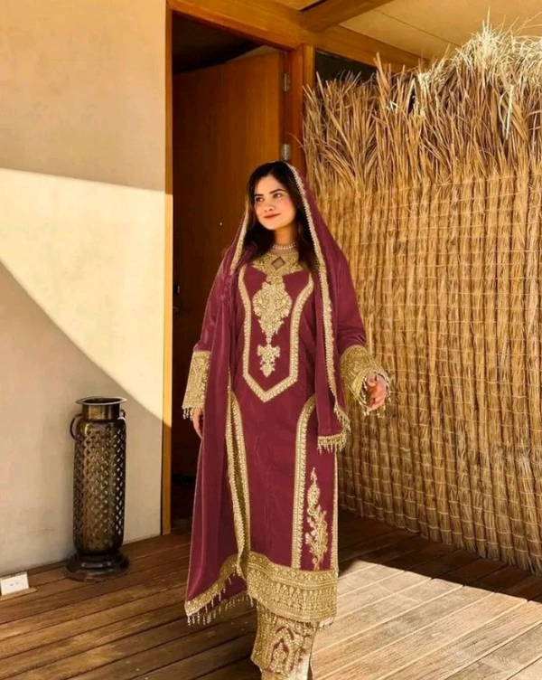 Heavy Chinon Silk kurti Eith Embroidered salwar And Dupatta Set
 - Heath, M