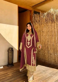 Heavy Chinon Silk kurti Eith Embroidered salwar And Dupatta Set
 - Heath, M