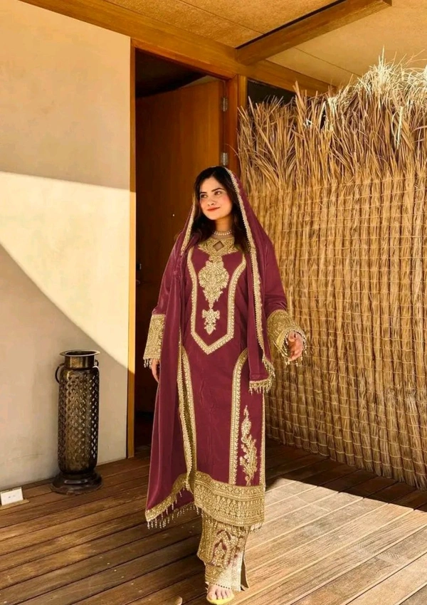 Heavy Chinon Silk kurti Eith Embroidered salwar And Dupatta Set
 - Heath, M