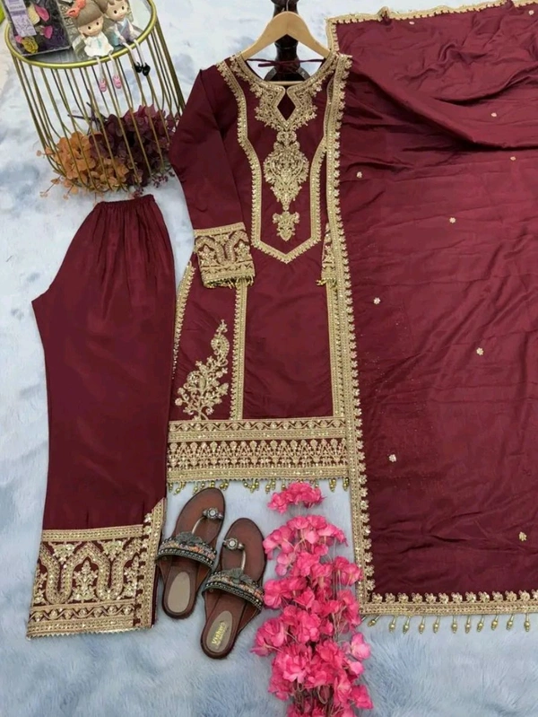 Heavy Chinon Silk kurti Eith Embroidered salwar And Dupatta Set
 - Heath, M