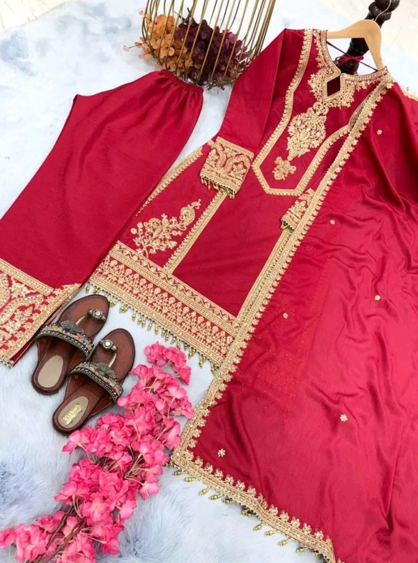 Heavy Chinon Silk kurti Eith Embroidered salwar And Dupatta Set
 - Cardinal, XXL