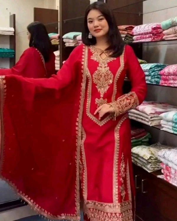 Heavy Chinon Silk kurti Eith Embroidered salwar And Dupatta Set
 - Cardinal, XXXL