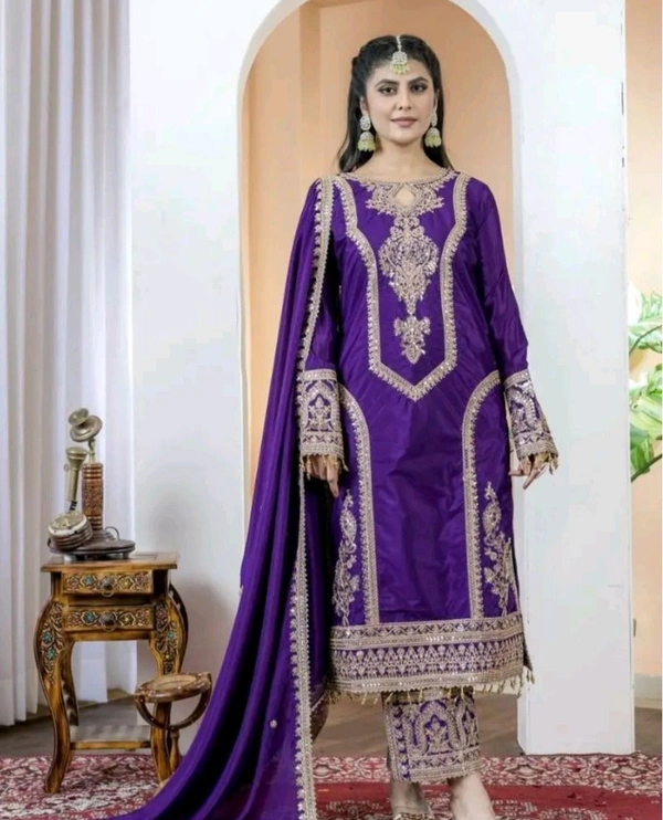 Heavy Chinon Silk kurti Eith Embroidered salwar And Dupatta Set
 - Meteorite, M