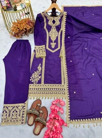 Heavy Chinon Silk kurti Eith Embroidered salwar And Dupatta Set
 - Meteorite, M