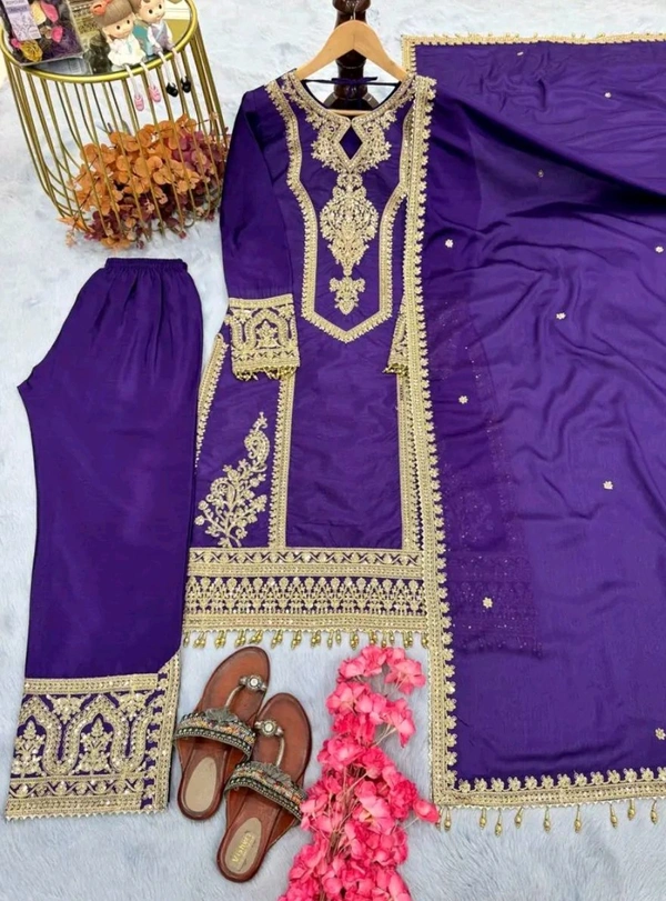Heavy Chinon Silk kurti Eith Embroidered salwar And Dupatta Set
 - Meteorite, M