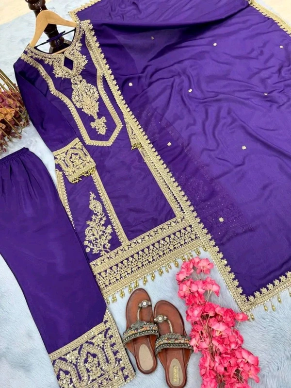 Heavy Chinon Silk kurti Eith Embroidered salwar And Dupatta Set
 - Meteorite, XXL