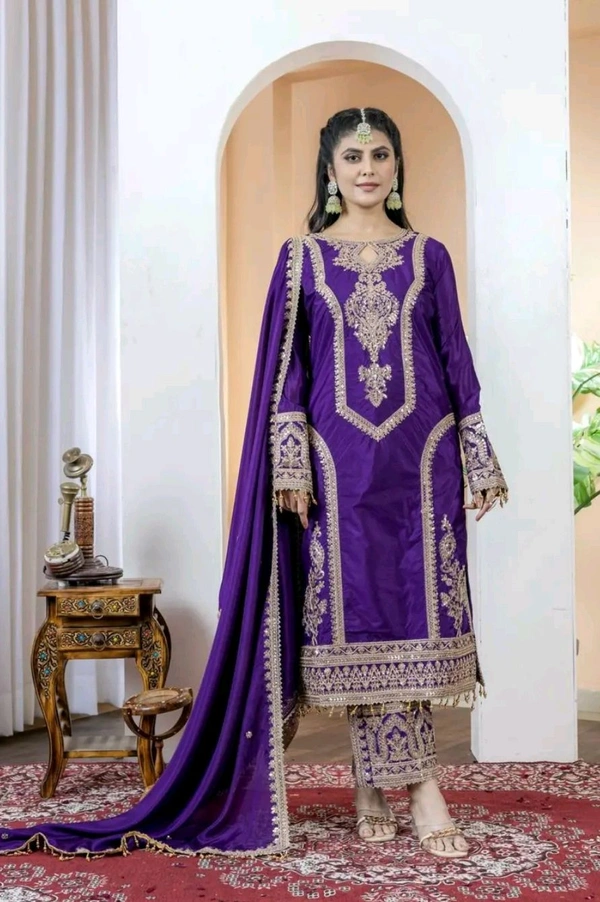Heavy Chinon Silk kurti Eith Embroidered salwar And Dupatta Set
 - Meteorite, XXL