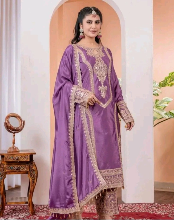 Heavy Chinon Silk kurti Eith Embroidered salwar And Dupatta Set
 - Old Lavender, L