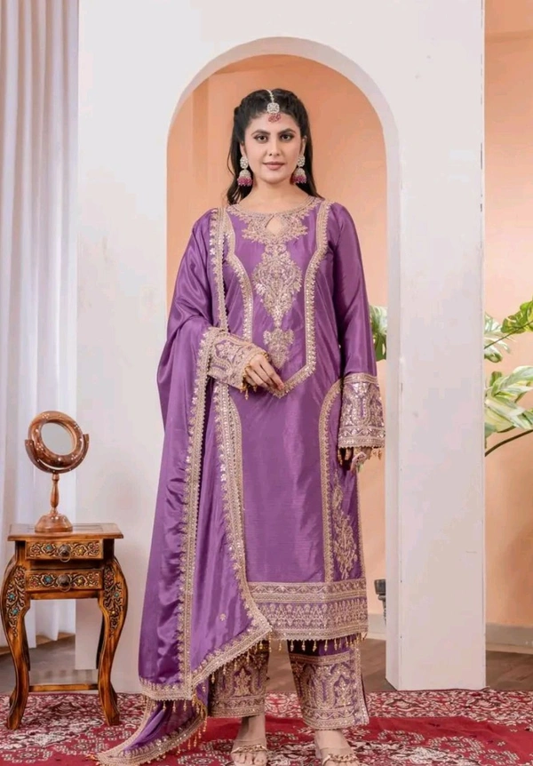 Heavy Chinon Silk kurti Eith Embroidered salwar And Dupatta Set
 - Old Lavender, M