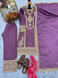 Heavy Chinon Silk kurti Eith Embroidered salwar And Dupatta Set
 - Old Lavender, S