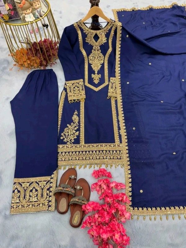 Heavy Chinon Silk kurti Eith Embroidered salwar And Dupatta Set
 - Cloud Burst, M
