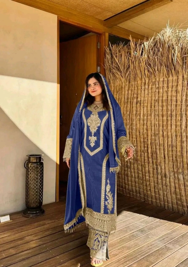 Heavy Chinon Silk kurti Eith Embroidered salwar And Dupatta Set
 - Cloud Burst, XL
