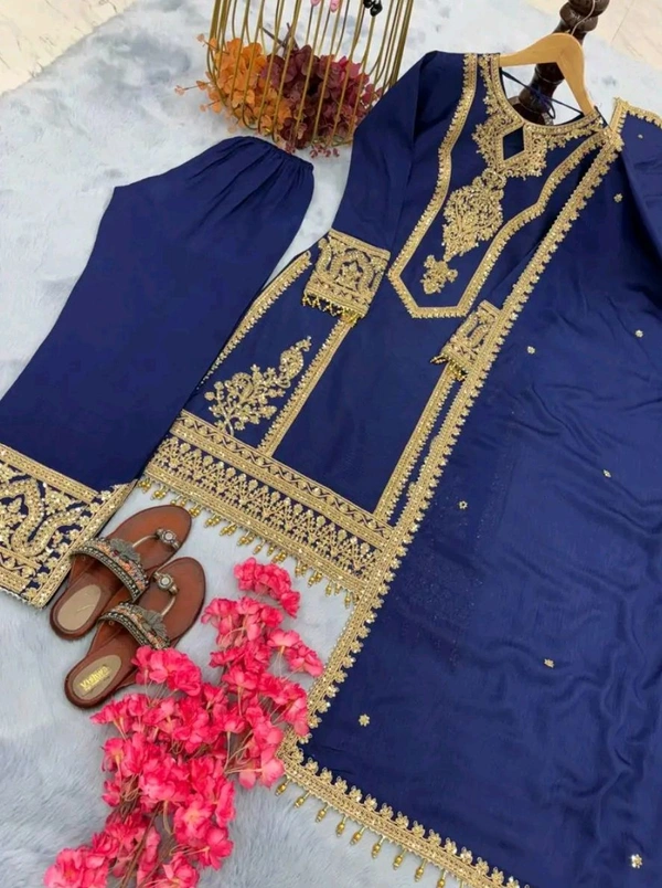 Heavy Chinon Silk kurti Eith Embroidered salwar And Dupatta Set
 - Cloud Burst, XL