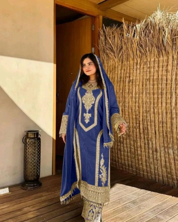 Heavy Chinon Silk kurti Eith Embroidered salwar And Dupatta Set
 - Cloud Burst, XXXL