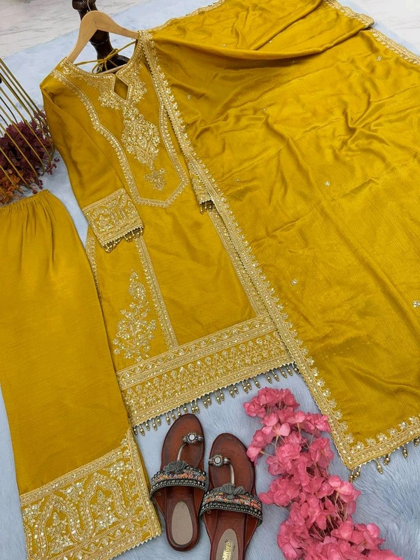 Heavy Chinon Silk kurti Eith Embroidered salwar And Dupatta Set
 - Pirate Gold, L