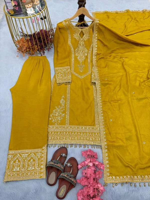 Heavy Chinon Silk kurti Eith Embroidered salwar And Dupatta Set
 - Pirate Gold, M