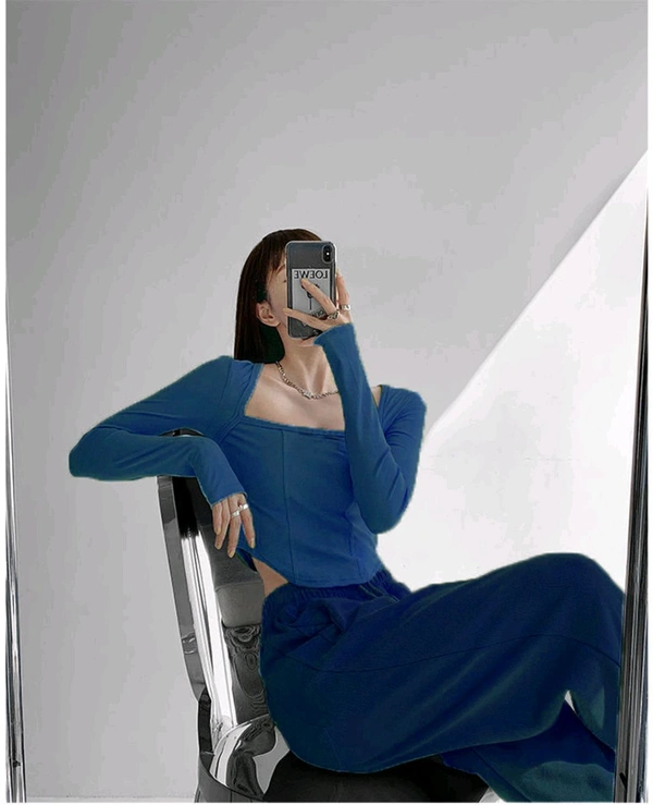 Casual Regular Sleeves Solid Women Dark Blue Top - Nile Blue, XS