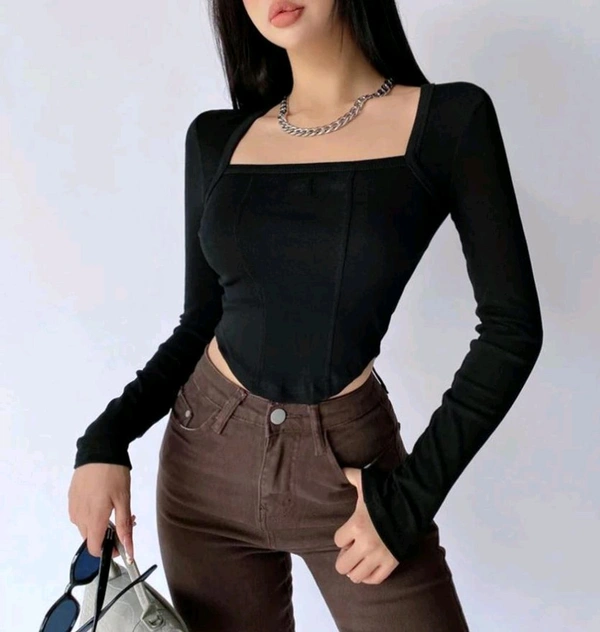 Casual Regular Sleeves Solid Women Dark Black Top - Black, M