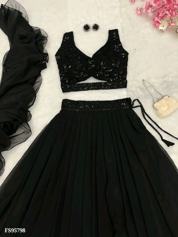 Black Color Full Flair Pure Georgette Full Stitched Lehenga Choli – Fashion Fram - XL, Black