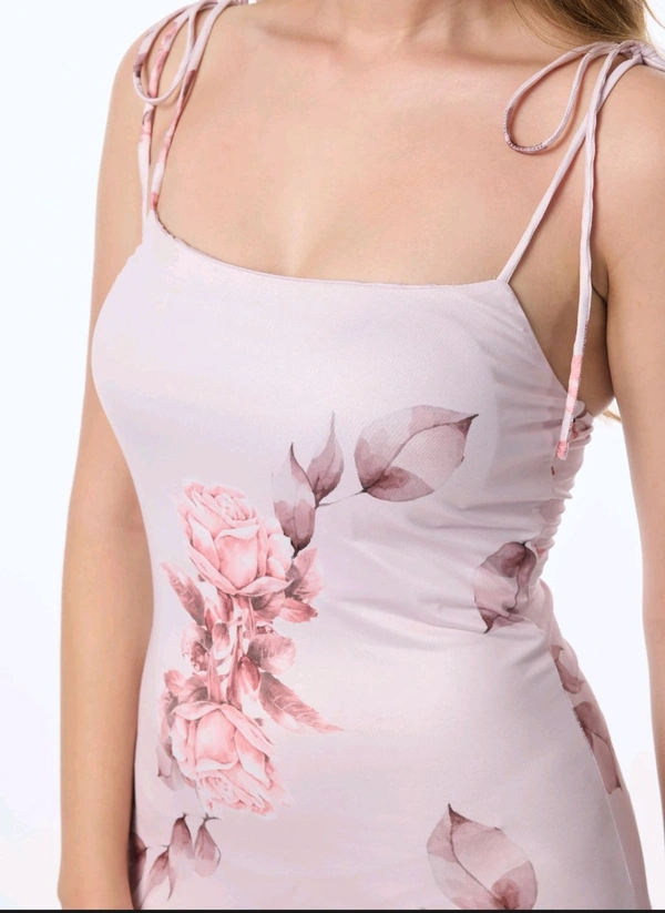 Pink Knotted Sleeves Printed Slip-On. Dress - Soft Peach, L