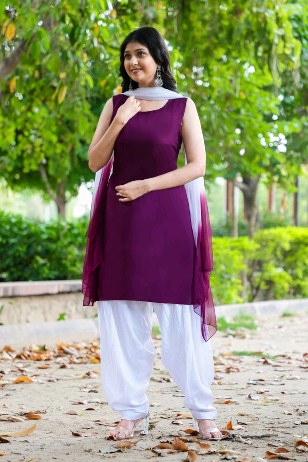 Viscose Rayon Kurti Patiala Dupatta Set - Plum, M