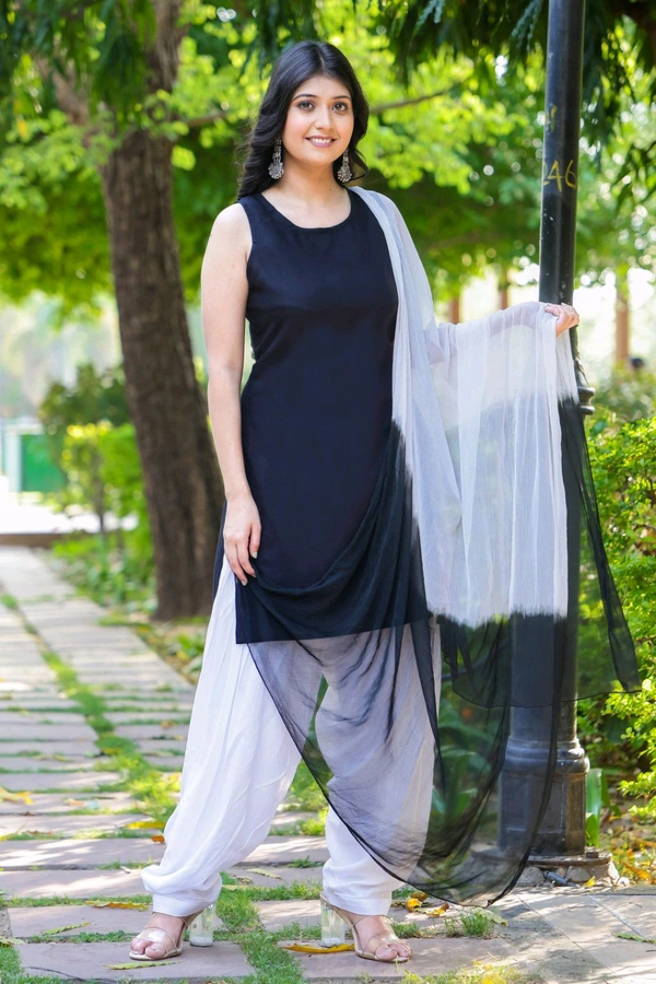 Viscose Rayon Kurti Patiala Dupatta Set - Black, M