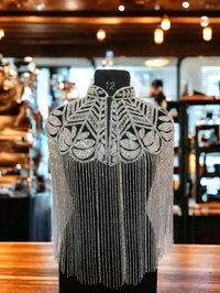 Women Hand beaded Embellished Short Cape Poncho (white) - White, Free Size