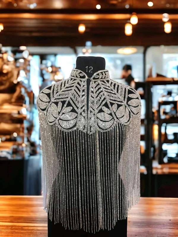 Women Hand beaded Embellished Short Cape Poncho (white) - White, Free Size