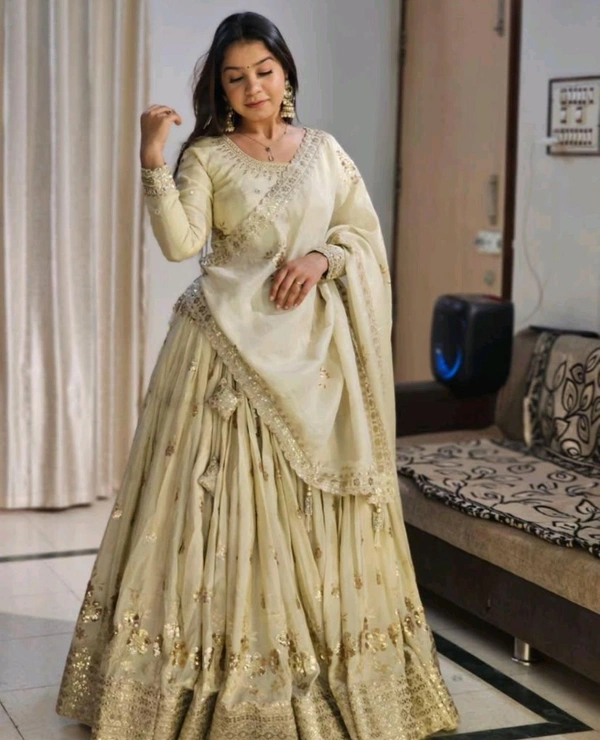 Womens Georgette Lehenga Choli Lehenga(Stitched), Blouse(Unstitched) Off White Free Size - off white, XL