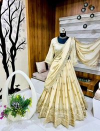 Womens Georgette Lehenga Choli Lehenga(Stitched), Blouse(Unstitched) Off White Free Size - off white, XXL