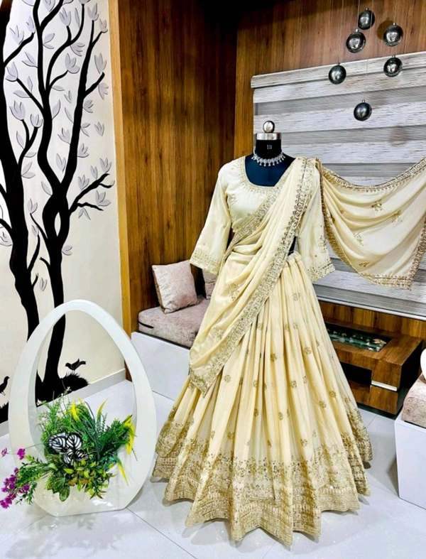 Womens Georgette Lehenga Choli Lehenga(Stitched), Blouse(Unstitched) Off White Free Size - off white, XXL
