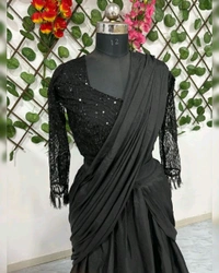 New Party Wear Ready-to-Wear Lehenga Saree with Real Mirror Border Work & Embellished Blouse
 - Black, Free Size