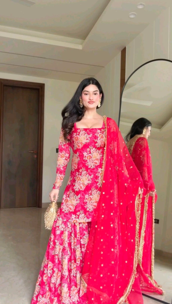 Exclusive Red Georgette Embroidery Work Sharara Suit With Dupatta - L, Red