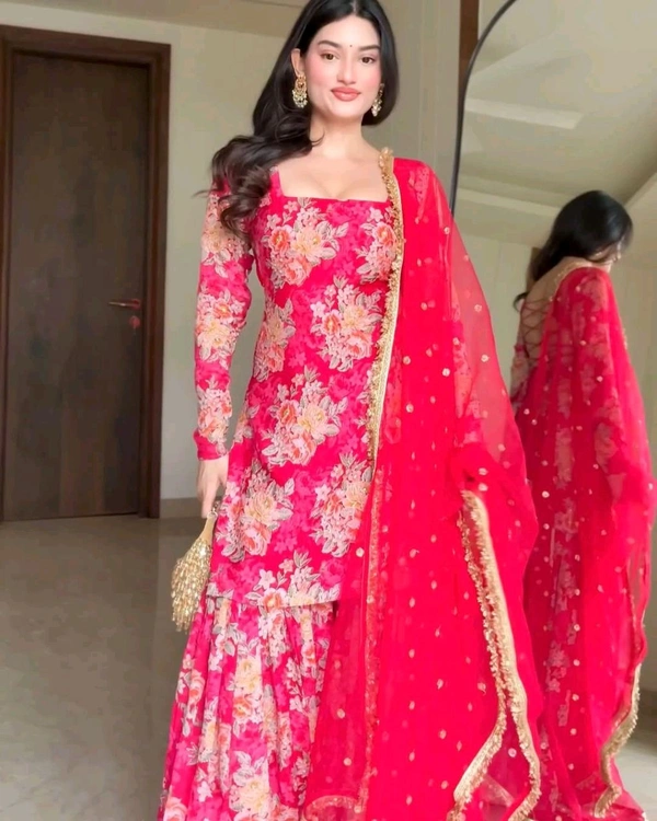 Exclusive Red Georgette Embroidery Work Sharara Suit With Dupatta - S, Red