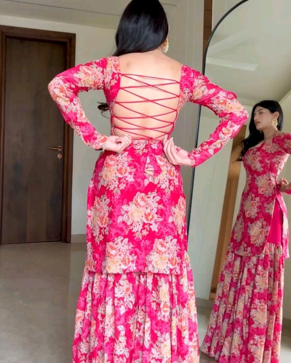 Exclusive Red Georgette Embroidery Work Sharara Suit With Dupatta - XL, Red