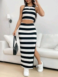 Women's 2 Piece Outfits Striped Bodycon Skirt Set Crop Tank Top and Split Thigh Skirt
 - White, L