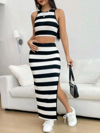 Women's 2 Piece Outfits Striped Bodycon Skirt Set Crop Tank Top and Split Thigh Skirt
 - White, L