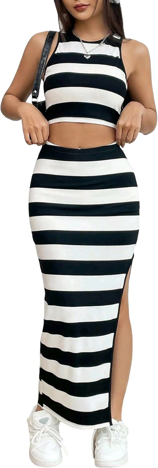 Women's 2 Piece Outfits Striped Bodycon Skirt Set Crop Tank Top and Split Thigh Skirt
 - White, M